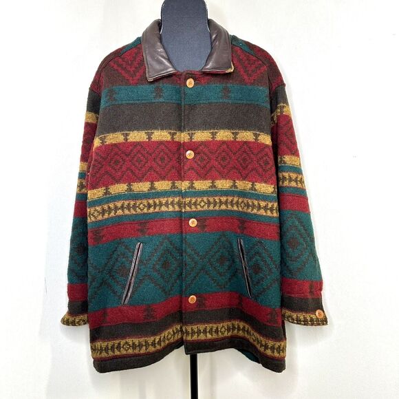 90s Vintage Eddie Bauer Wool Jacket Size L Blanket Coat Leather Collar Cabincore